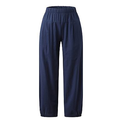 Womens Wide Leg Linen Pants Loose Fit Lounge Yoga Cropped Capris Sweatpants with Pockets