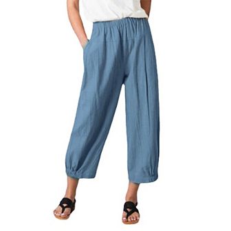 Womens Wide Leg Linen Pants Loose Fit Lounge Yoga Cropped Capris Sweatpants with Pockets