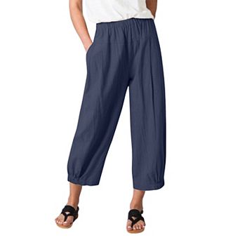 Womens Wide Leg Linen Pants Loose Fit Lounge Yoga Cropped Capris Sweatpants with Pockets