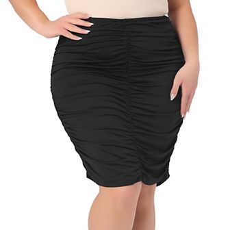Women's Plus Size Skirts Elastic High Waist Ruched Bodycon Stretch Elegant Pencil Midi Skirt