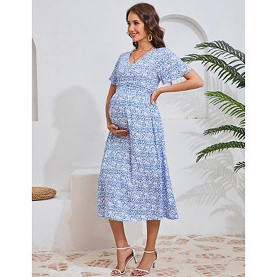 Women's Maternity Smocked Short Sleeve Summer Dress V Neck Boho Ruffle Casual Swing Midi Dress