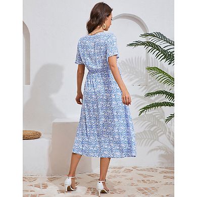 Women's Maternity Smocked Short Sleeve Summer Dress V Neck Boho Ruffle Casual Swing Midi Dress