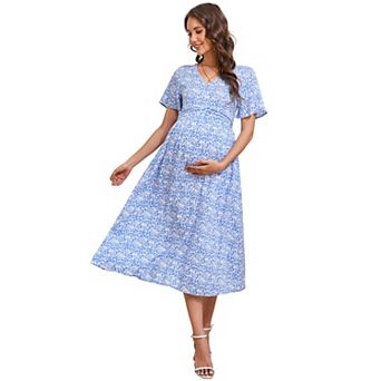 Women's Maternity Smocked Short Sleeve Summer Dress V Neck Boho Ruffle Casual Swing Midi Dress