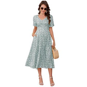 Women's Maternity Smocked Short Sleeve Summer Dress V Neck Boho Ruffle Casual Swing Midi Dress