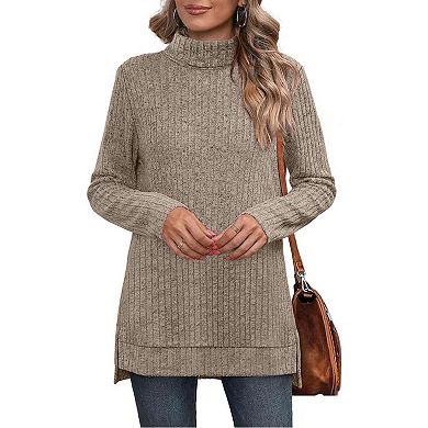 Women's Turtleneck Tunic Sweaters Long Sleeve Ribbed Knit Comfy Loose Casual Fall Sweater