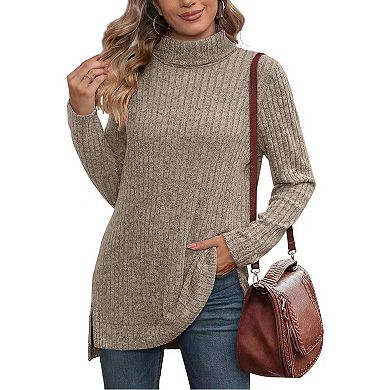 Women's Turtleneck Tunic Sweaters Long Sleeve Ribbed Knit Comfy Loose Casual Fall Sweater
