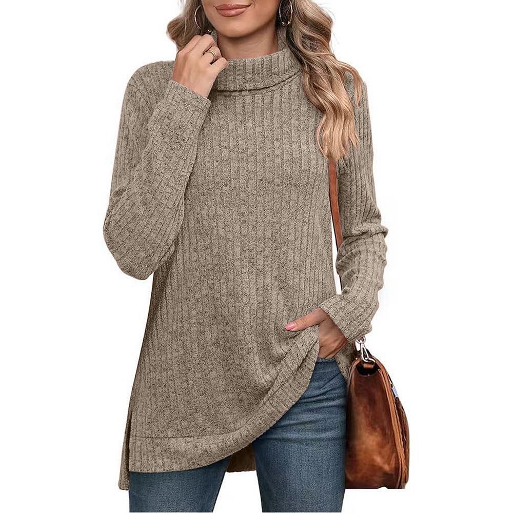 Women’s Turtleneck Sweater – Relaxed Fit – Fine Knit Wool – Button Sleeve Detail