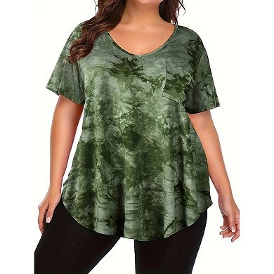 Women Plus Size V-Neck Tunic Tops Loose T Shirt with Pocket