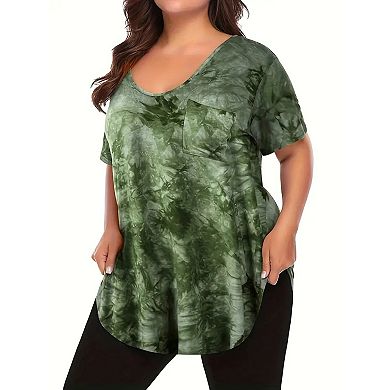 Women Plus Size V-Neck Tunic Tops Loose T Shirt with Pocket