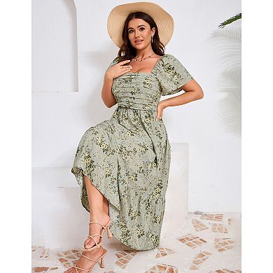 Women Plus Size Maxi Dress Floral Dress Short Sleeve Ruffle Pleated High Waist Square Neck Dresses
