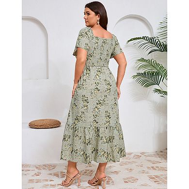 Women Plus Size Maxi Dress Floral Dress Short Sleeve Ruffle Pleated High Waist Square Neck Dresses