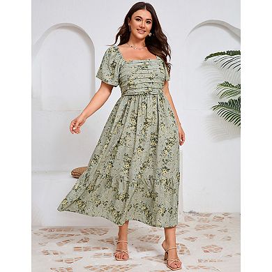Women Plus Size Maxi Dress Floral Dress Short Sleeve Ruffle Pleated High Waist Square Neck Dresses