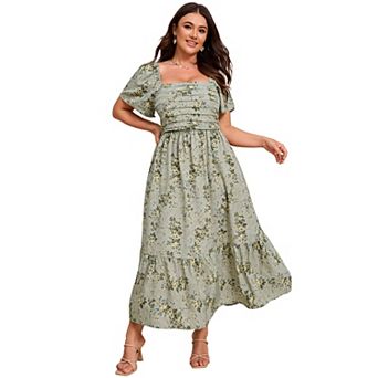 Women Plus Size Maxi Dress Floral Dress Short Sleeve Ruffle Pleated High Waist Square Neck Dresses