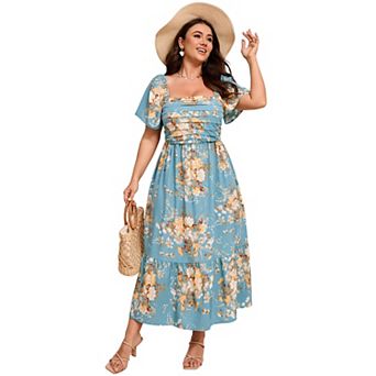 Women Plus Size Maxi Dress Floral Dress Short Sleeve Ruffle Pleated High Waist Square Neck Dresses