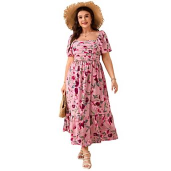 Women Plus Size Maxi Dress Floral Dress Short Sleeve Ruffle Pleated High Waist Square Neck Dresses