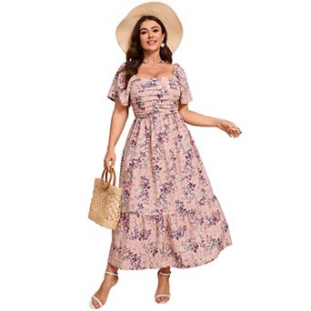 Women Plus Size Maxi Dress Floral Dress Short Sleeve Ruffle Pleated High Waist Square Neck Dresses