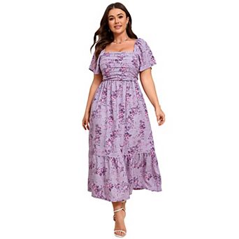 Women Plus Size Maxi Dress Floral Dress Short Sleeve Ruffle Pleated High Waist Square Neck Dresses