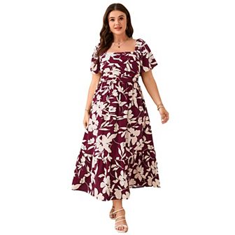 Women Plus Size Maxi Dress Floral Dress Short Sleeve Ruffle Pleated High Waist Square Neck Dresses