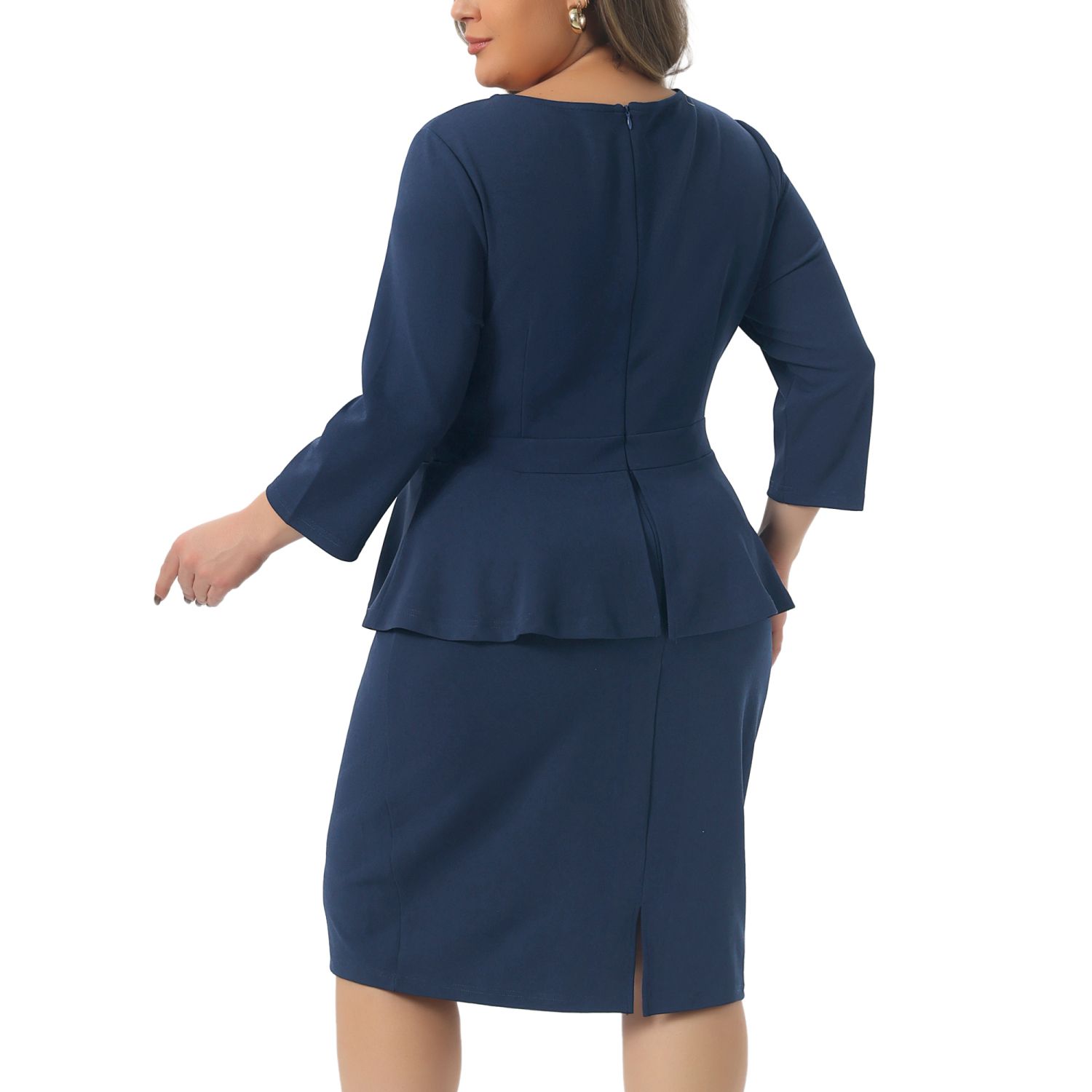 Plus Size Women's Peplum Pencil Dress 3/4 Sleeve Flared Sheath