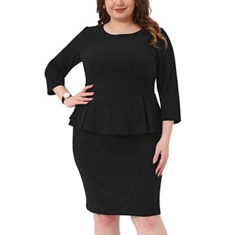 Plus Size Women's Peplum Pencil Dress 3/4 Sleeve Flared Sheath Dress Stretchy Business Work Dresses
