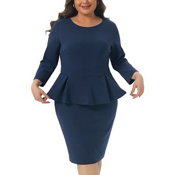 Plus Size Women's Peplum Pencil Dress 3/4 Sleeve Flared Sheath Dress Stretchy Business Work Dresses