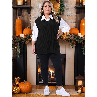Plus Size Sweater Vest for Women V Neck Sleeveless Pullover Split Hem Knit Vest Classic Sweater Tops