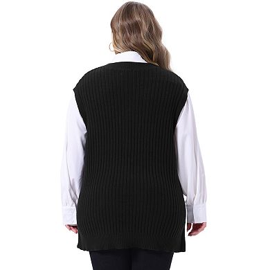 Plus Size Sweater Vest for Women V Neck Sleeveless Pullover Split Hem Knit Vest Classic Sweater Tops