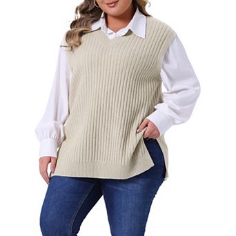 Plus Size Sweater Vest for Women V Neck Sleeveless Pullover Split Hem Knit Vest Classic Sweater Tops