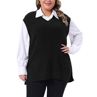 Plus Size Sweater Vest for Women V Neck Sleeveless Pullover Split Hem Knit Vest Classic Sweater Tops