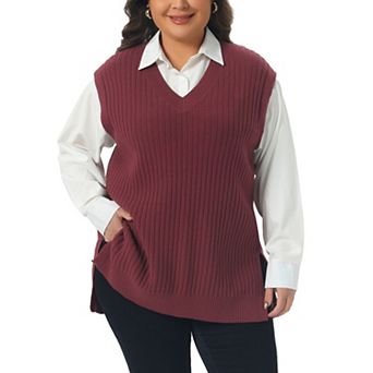 Plus Size Sweater Vest for Women V Neck Sleeveless Pullover Split Hem Knit Vest Classic Sweater Tops