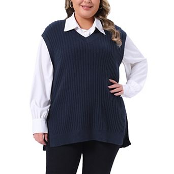 Plus Size Sweater Vest for Women V Neck Sleeveless Pullover Split Hem Knit Vest Classic Sweater Tops