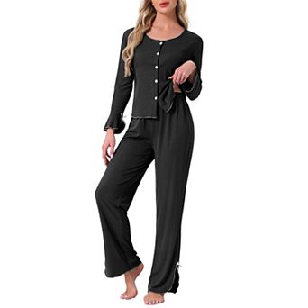 Women's Pajamas Long Sleeve Side Bow Button Down Ruffle Hem Top and Wide Leg Pants Sleepwear Set