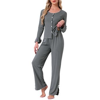 Women's Pajamas Long Sleeve Side Bow Button Down Ruffle Hem Top and Wide Leg Pants Sleepwear Set
