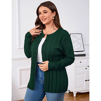 Plus Size Women's Open Knit Sweater Cardigan Round Neck Button Down Soft Casual Formal Outfits