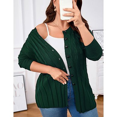 Plus Size Women's Open Knit Sweater Cardigan Round Neck Button Down Soft Casual Formal Outfits