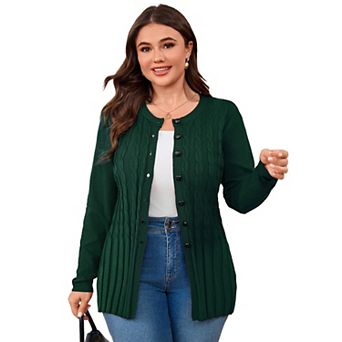 Plus Size Women's Open Knit Sweater Cardigan Round Neck Button Down Soft Casual Formal Outfits