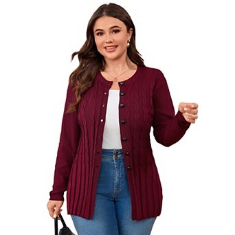 Plus Size Women's Open Knit Sweater Cardigan Round Neck Button Down Soft Casual Formal Outfits