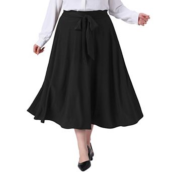 Plus Size Skirt for Women Tie Knot High Waist A-Line Flowy Swing Midi Skirts with Pockets