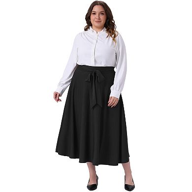 Plus Size Skirt for Women Tie Knot High Waist A-Line Flowy Swing Midi Skirts with Pockets