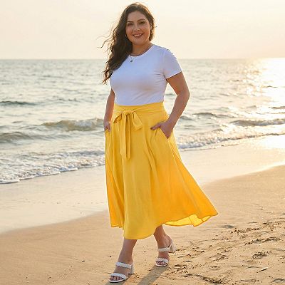 Plus Size Skirt for Women Tie Knot High Waist A-Line Flowy Swing
