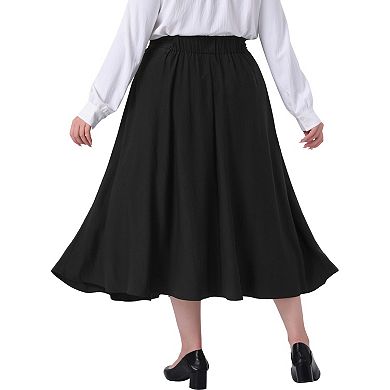 Plus Size Skirt for Women Tie Knot High Waist A-Line Flowy Swing Midi Skirts with Pockets