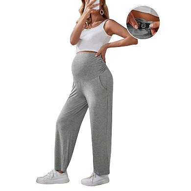 Maternity Pants Straight Leg Elastic High Waisted Trousers Stretchy Solid Pants with Pockets