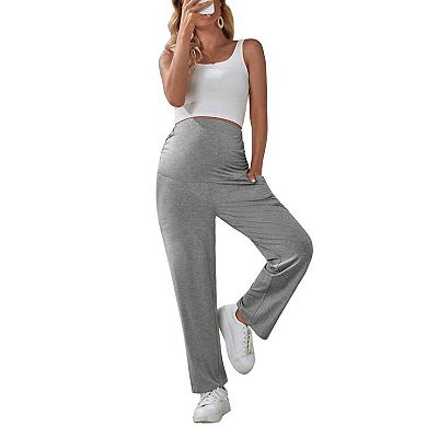 Maternity Pants Straight Leg Elastic High Waisted Trousers Stretchy Solid Pants with Pockets