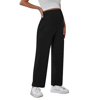 Maternity Pants Straight Leg Elastic High Waisted Trousers Stretchy Solid Pants with Pockets