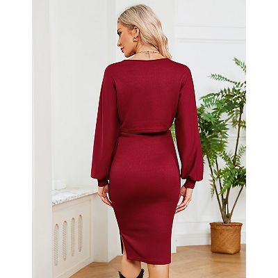 Maternity Dress 2 Piece Outfits Sets Long Sleeve Ribbed Knit Top With Bodycon  Midi Skirt