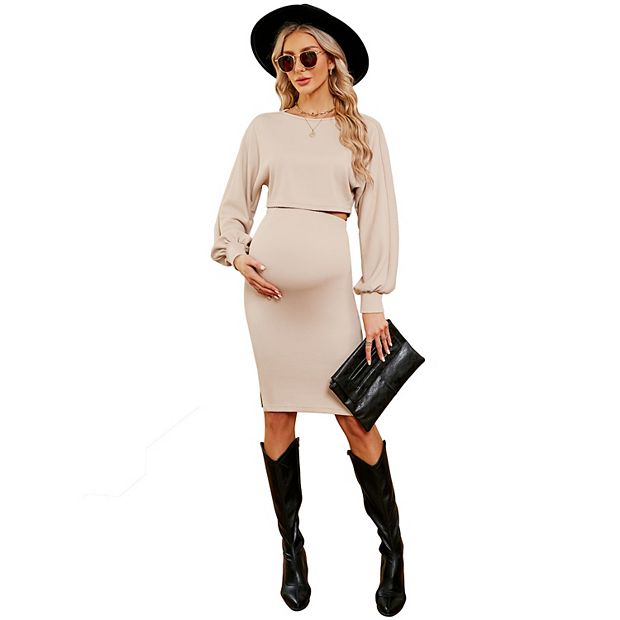 fitted lace wedding dress Women's 2 Piece Outfits Set Long Sleeve Crop Top Bodycon Slit Midi Ski –  PinkQueenShop main image 0