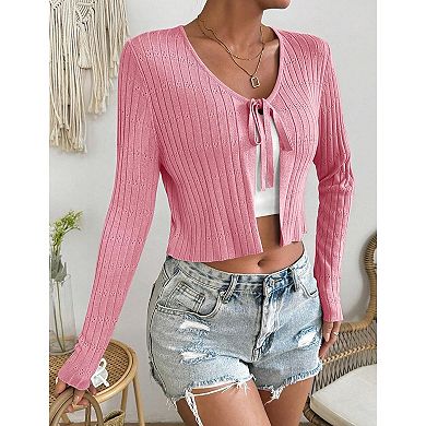 Womens Lightweight Long Sleeve Cardigan Tie Front Shrugs Knit Cardigan Crop Tops