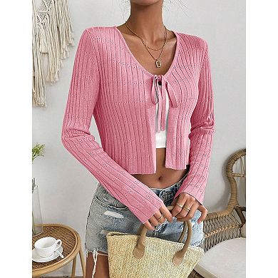 Womens Lightweight Long Sleeve Cardigan Tie Front Shrugs Knit Cardigan Crop Tops