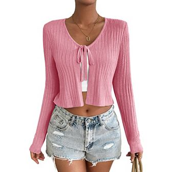Womens Lightweight Long Sleeve Cardigan Tie Front Shrugs Knit Cardigan Crop Tops