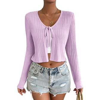 Womens Lightweight Long Sleeve Cardigan Tie Front Shrugs Knit Cardigan Crop Tops